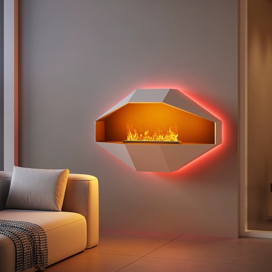 Дизайнерский камин 3D, серый, 90*60 см, настенный