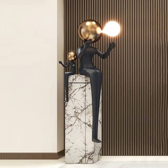 Торшер человек с лампой черный с золотом, стекловолокно, светодиодный E27 - напольный светильник
