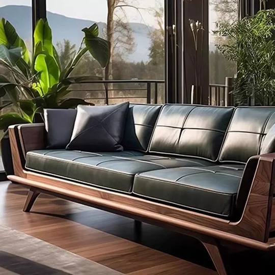 Прямой диван Thomas темный орех, дерево, кожа, 240*80*70 см