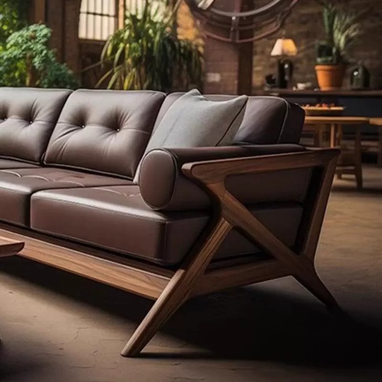 Прямой диван Cooper темный орех, дерево, кожа, 200*80*70 см