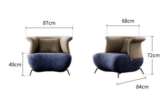 Итальянское кресло, серое с синим, 87*84*72 см, кожа, ткань, не раскладное