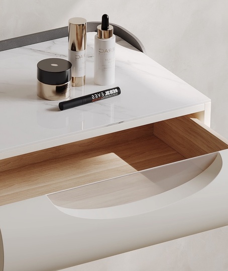 Туалетный стол сливочный 80*77*45,8 см, массив дерева, 1 ящик, с пуфом и зеркалом