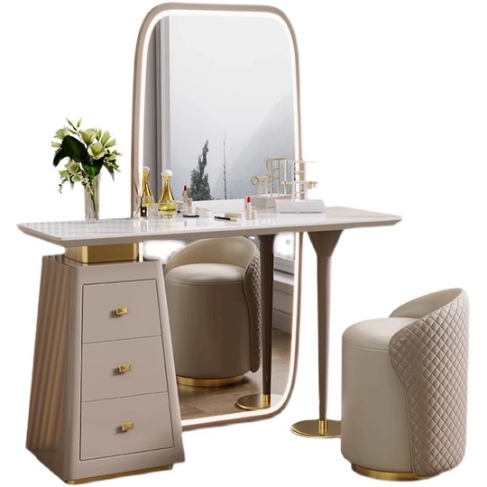 Дизайнерский туалетный стол, бежевый глянец, 100*76*40 см, искусственный камень, 3 ящика