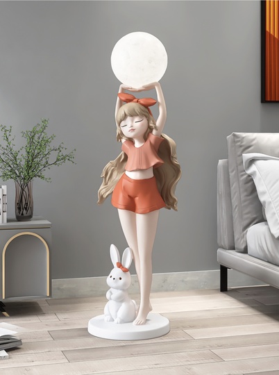 Торшер девушка с шаром оранжевого цвета Bunny Girl. Светодиодный, E27, Стекло, 120*36 см.