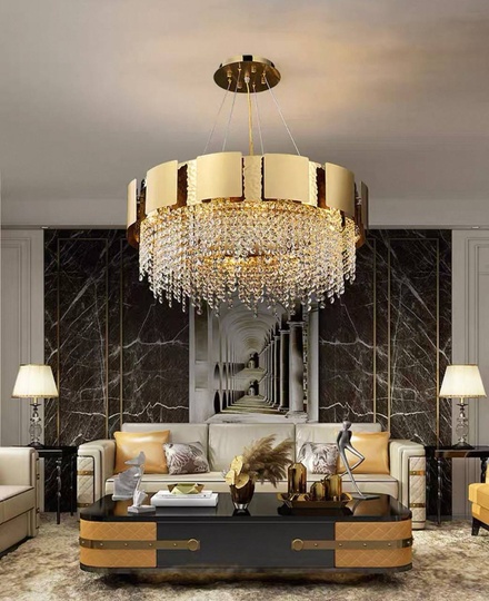 Люстра подвесная золотая Eluvar, металл,хрусталь, трос 50 см, 80*25 см, Е14