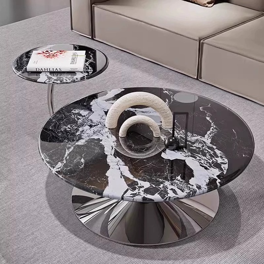 Журнальный стол круглый, серый 90*38*90 см, камень, металл - в итальянском стиле