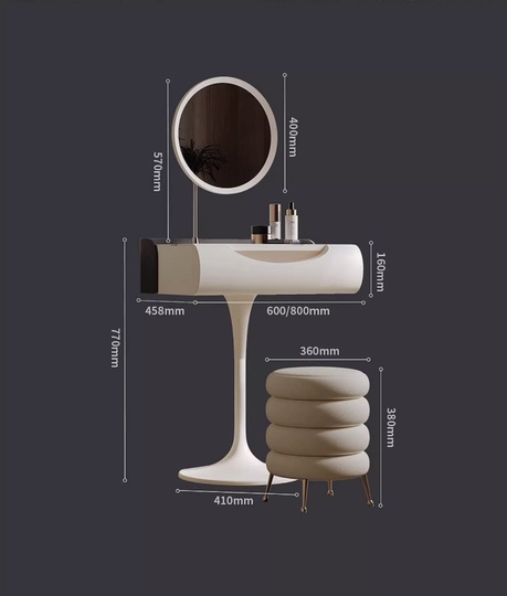 Туалетный стол сливочный 80*77*45,8 см, массив дерева, 1 ящик, с пуфом и зеркалом