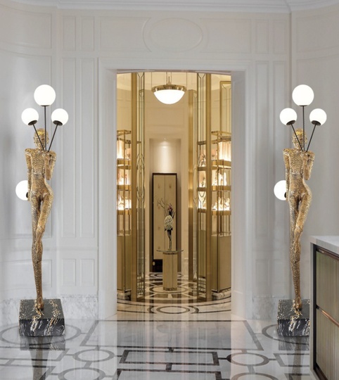 Напольный светильник золотой. Сила света - 215 см, E27, 15 Вт