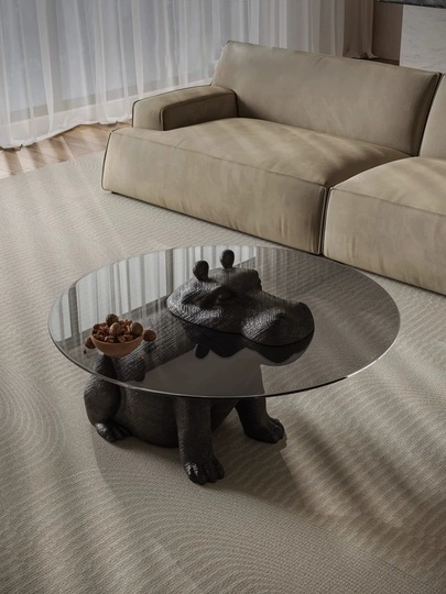 Журнальный стол бегемот, черный, закаленное стекло, 110*110*65 см