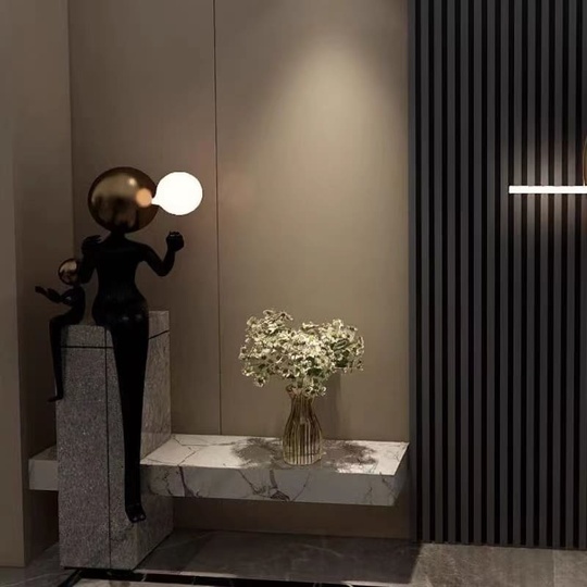 Торшер человек с лампой черный с золотом, стекловолокно, светодиодный E27 - напольный светильник